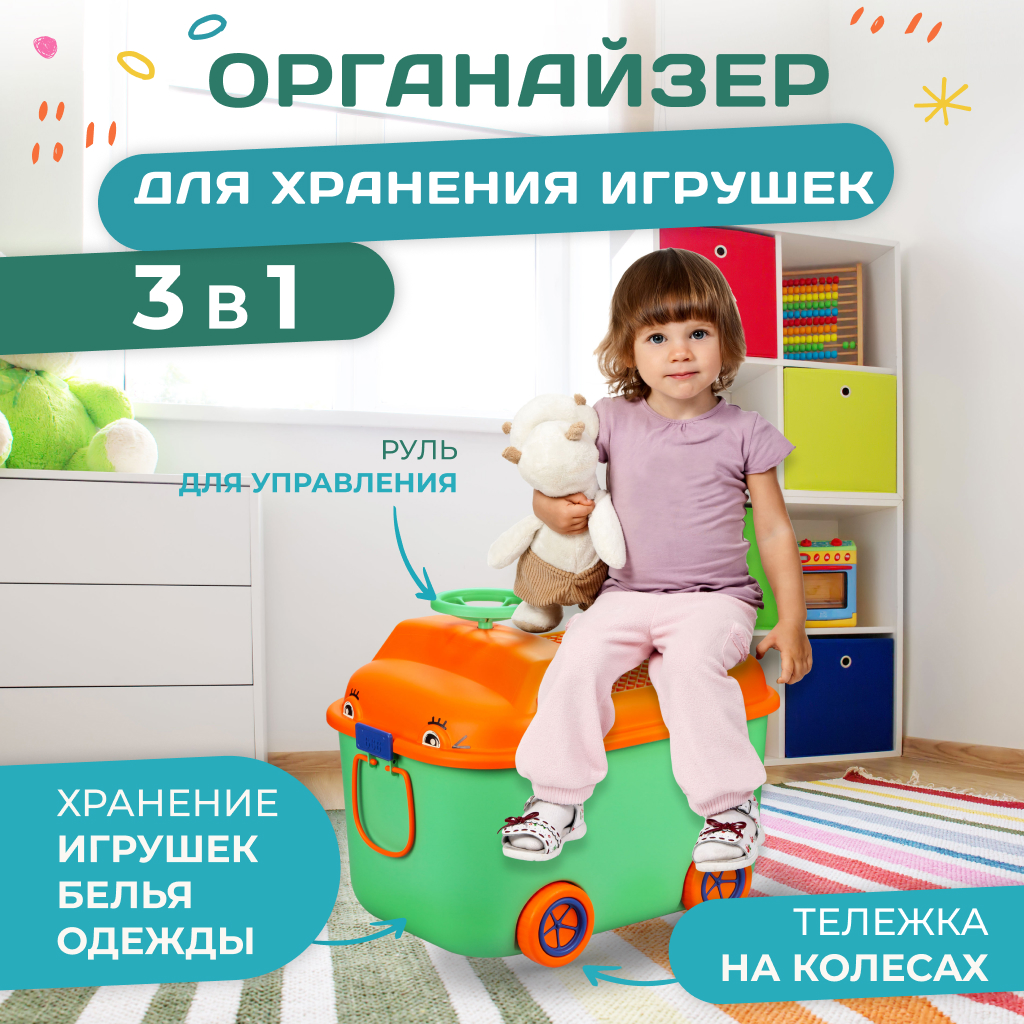 Контейнер Solmax для хранения игрушек на колесиках, органайзер 54х41,5х38 см, зеленый