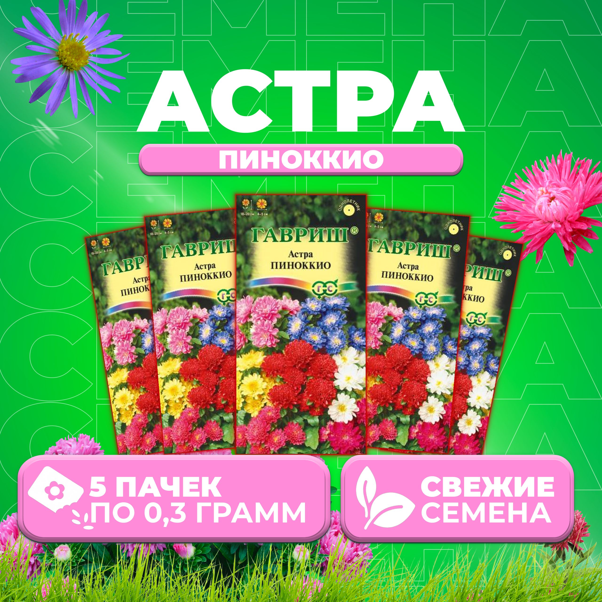 

Семена Астра Пиноккио, смесь, 0,3г, Гавриш, Цветочная коллекция 5 уп