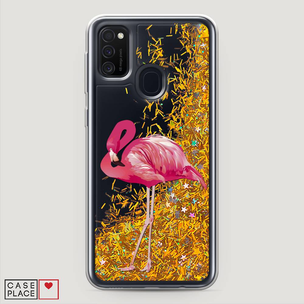 

Жидкий чехол с блестками "Застенчивый фламинго" на Samsung Galaxy M21, 29790-1
