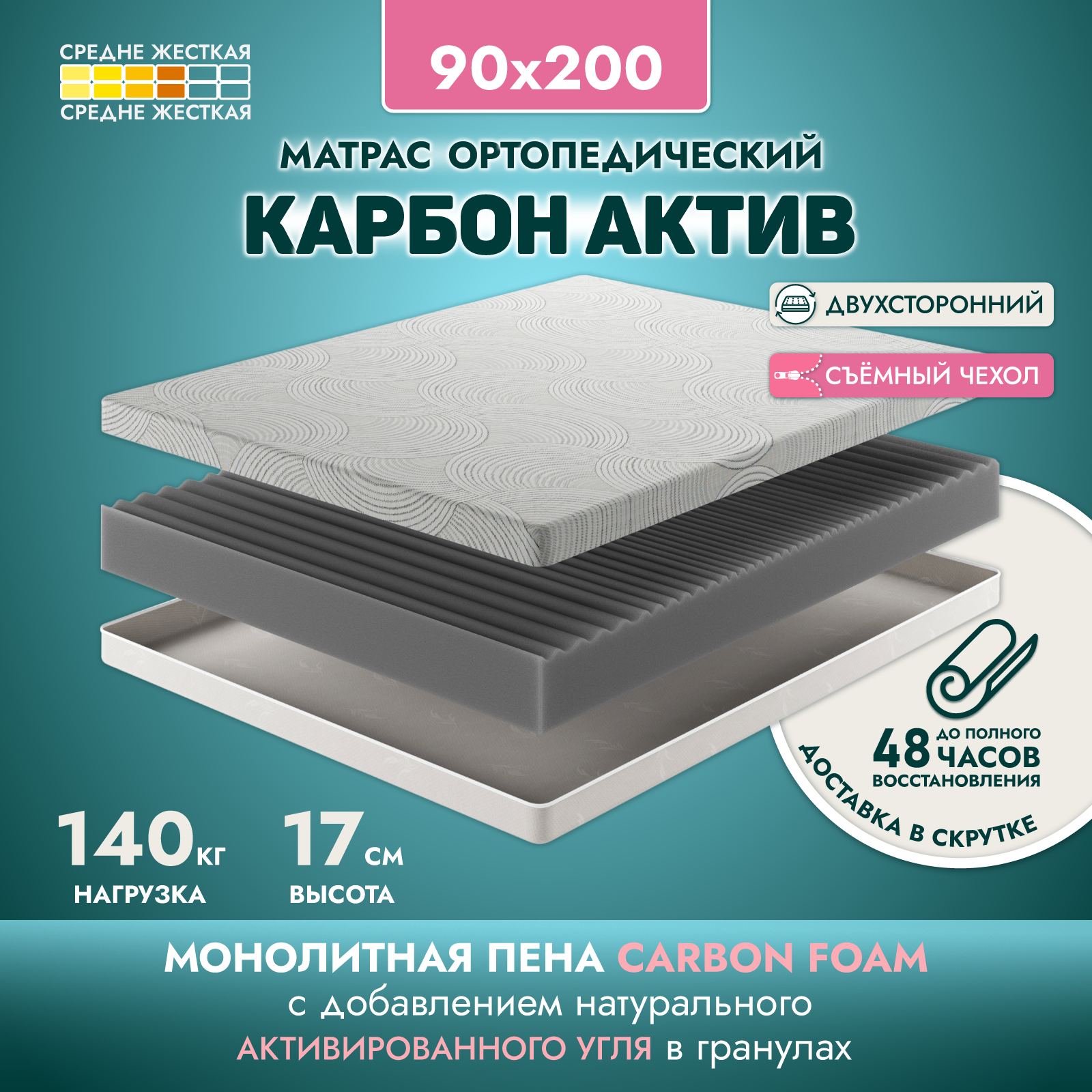 Беспружинный ортопедический матрас для кровати AMI MEBEL Карбон Актив 90х200 см, в рулоне