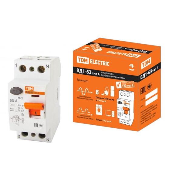 

TDM Electric ВД1-63 устройство защитного отключения 2 полюса 63А хар-ка АС 30мА