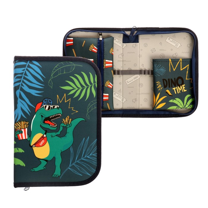 

Пенал 1 секция, откидной карман и косметичка, Calligrata «Динозавр», ткань, 140 х 210 мм