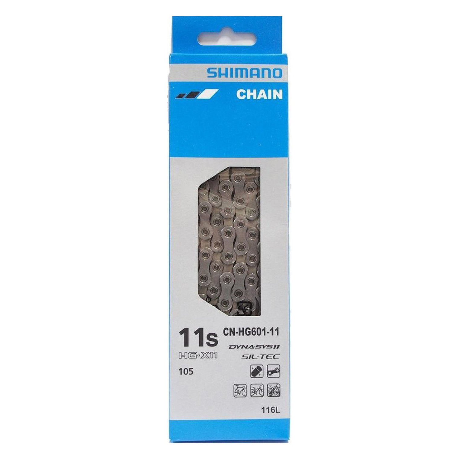 

SHIMANO Цепь Shimano HG601, 11ск, амп.пин (1шт), ROAD/MTB/E-BIKE совмест. - 116 зв., Серебристый