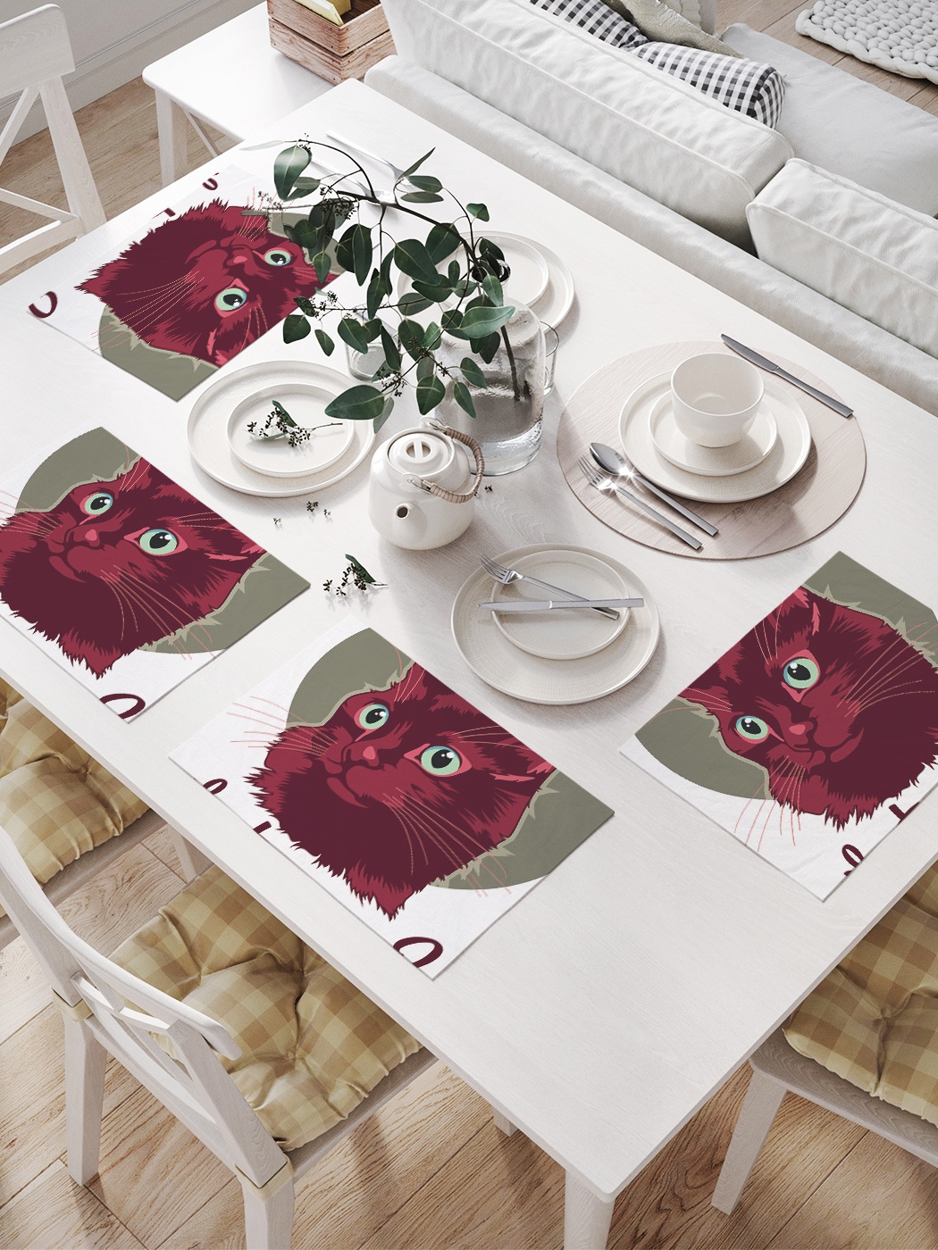 

Комплект салфеток для сервировки стола «Кот интересуется» (32х46 см, 4 шт.), Красный;голубой;серый