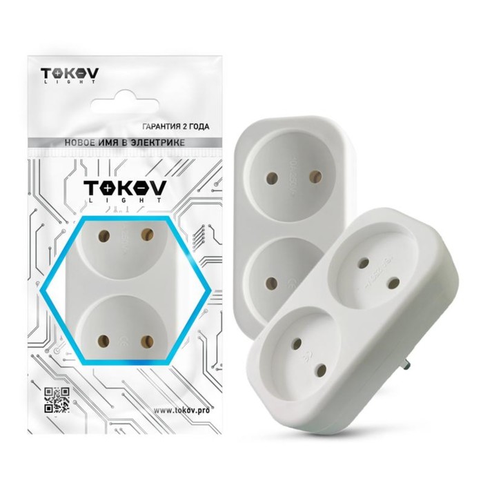 Разветвитель TOKOV ELECTRIC, 2-м, без з/к, 16А, 250В, IP20, полипропилен, белый