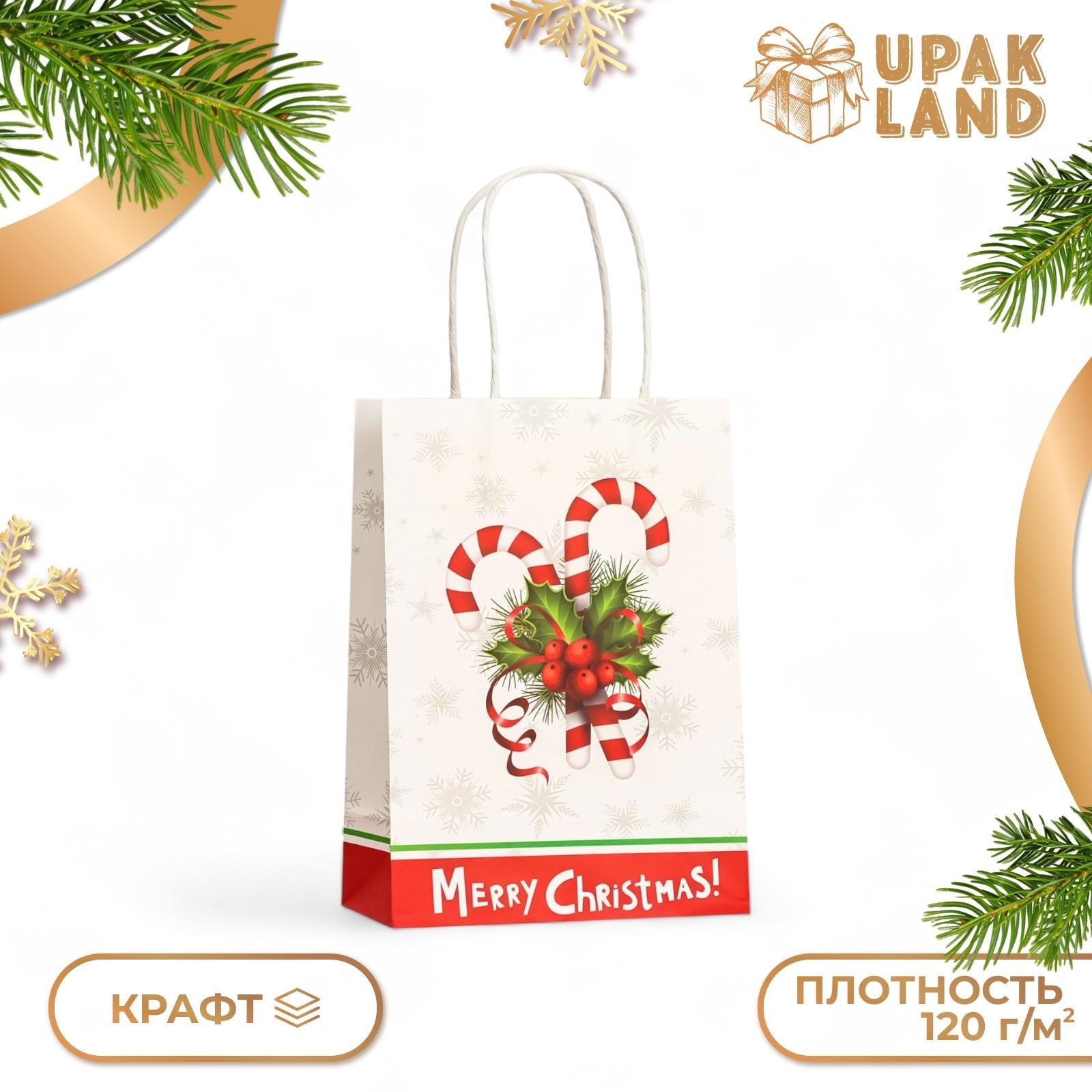 

Пакет подарочный UPAK LAND Новогодние леденцы бумажный 120г/м 15 х 8 х 21 см, 1 уп