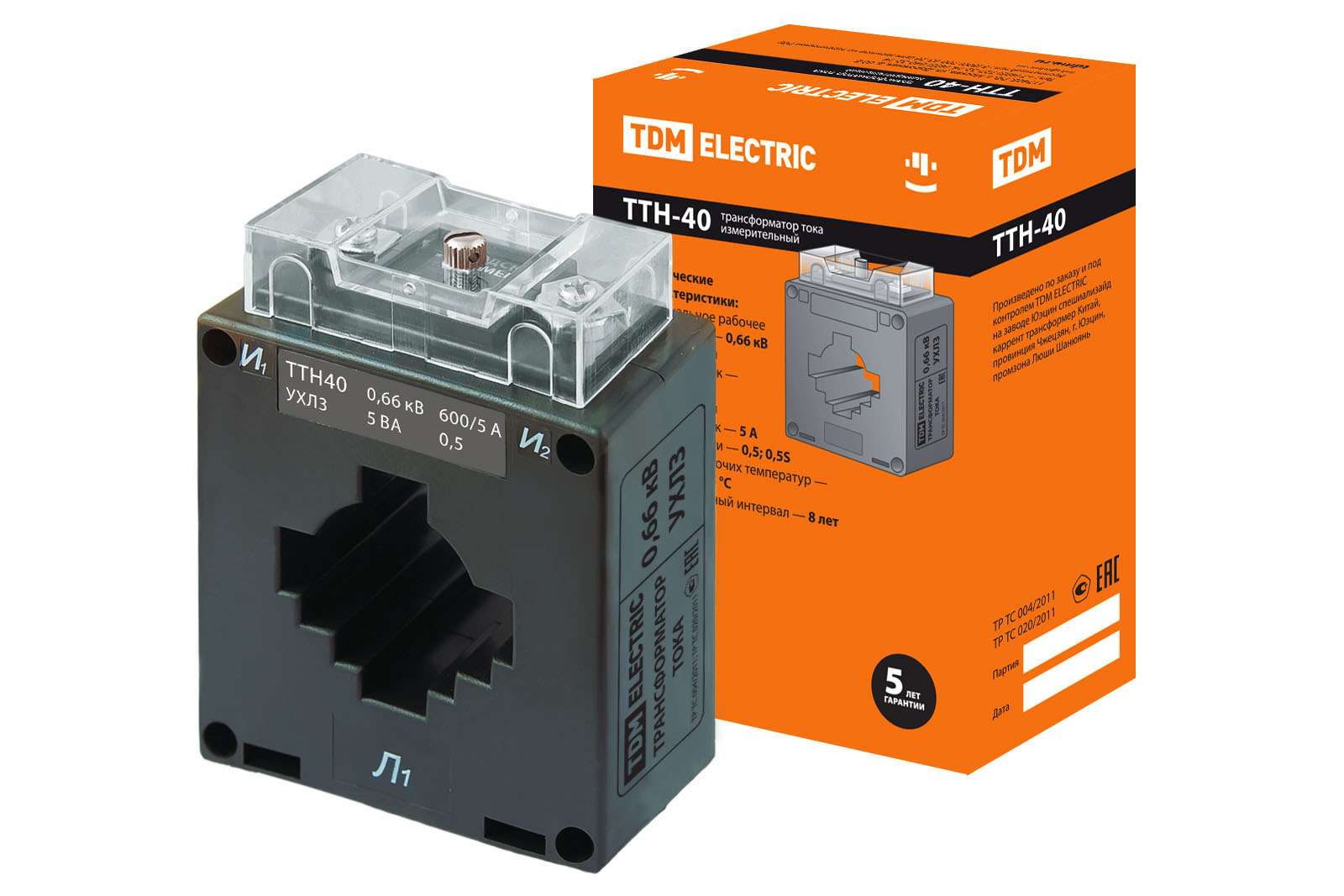 

Трансформатор тока измерительный ТТН 40/600/5- 5VA/0,5-Р TDM SQ1101-1096