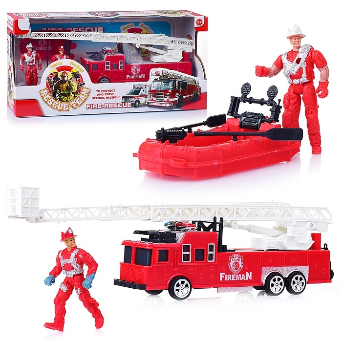 Oubaoloon Пожарный, машина, лодка, 2 фигурки 10 см, в коробке