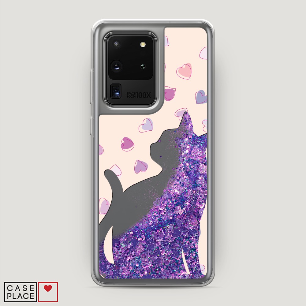 фото Жидкий чехол с блестками "прозрачный кот" на samsung galaxy s20 ultra awog