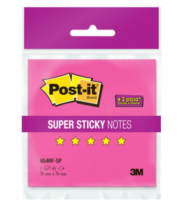 

Блок самоклеящийся (стикер) POST-IT Super Sticky, 76х76 мм, 45 л,, неоновый розовый, 654RF