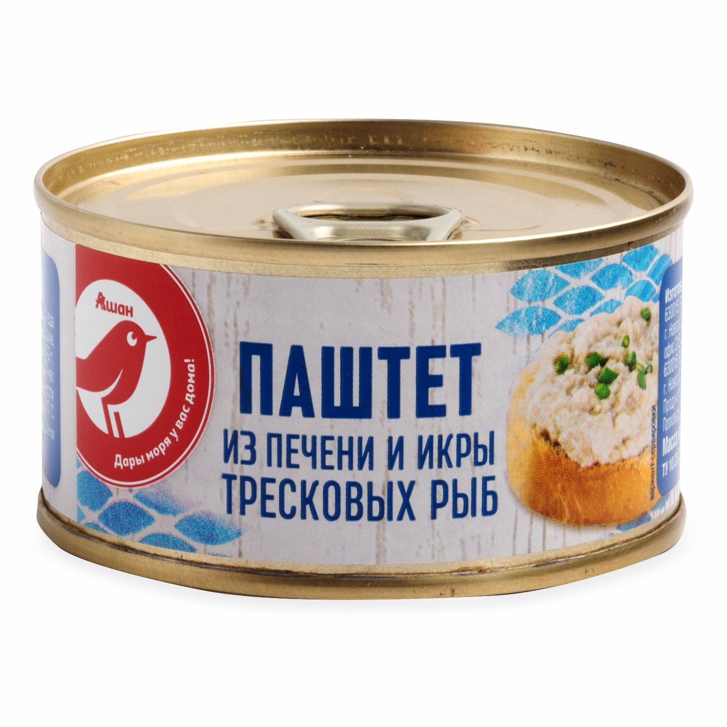 

Паштет из печени и икры АШАН Красная птица тресковых рыб, 120 г