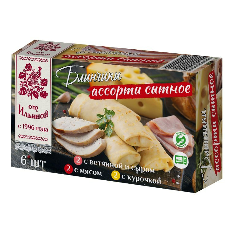 Блины От Ильиной Ассорти сытное, с мясом, курицей, ветчиной и сыром, 6 шт., 360 г