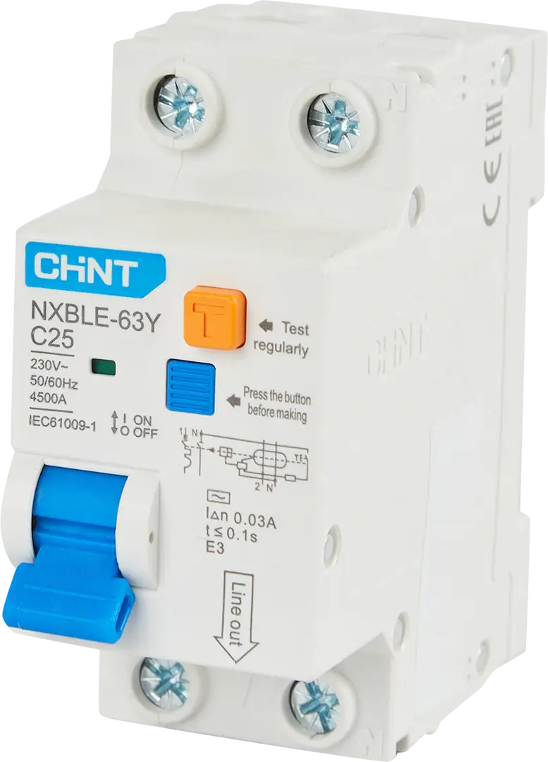 Дифференциальный автомат Chint NXBLE-63Y 1P N C25 A 30 мА 4.5 кА AC корпус для кнопок chint