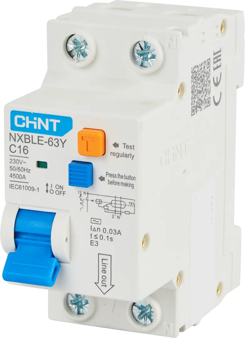 Дифференциальный автомат Chint NXBLE-63Y 1P N C16 A 30 мА 4.5 кА AC корпус для кнопок chint