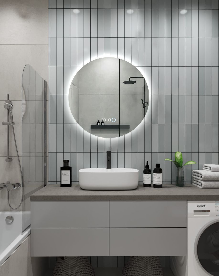 Зеркало для ванной с часами Sun D55 круглое 