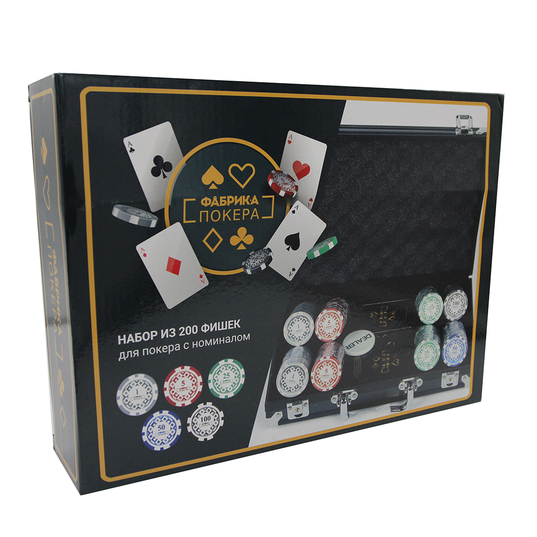 фото Фабрика покера: набор из 200 фишек для покера с номиналом в черном кейсе