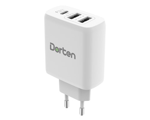 фото Зарядное устройство сетевое dorten 3-port usb smart id qc4+/pd3.0+ 37w 5.4a white