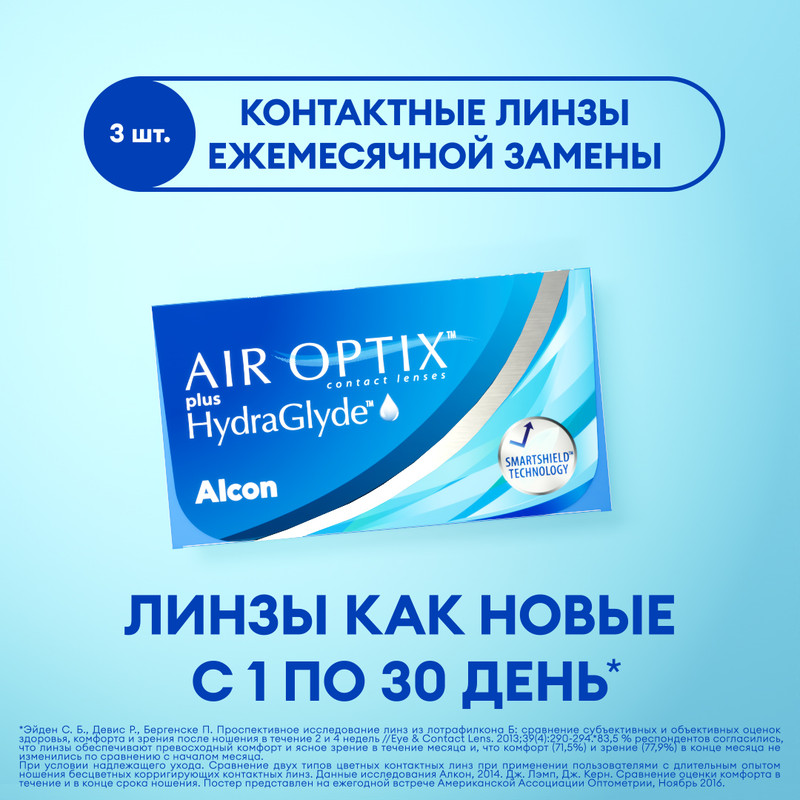 

Контактные линзы ALCON, Air Optix Plus Hydraglyde, ежемесячные, -4.75 / 8.6, 3 шт., plus HydraGlyde 3 линзы