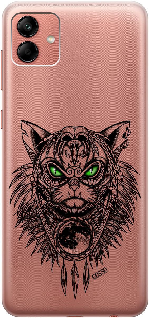 

Силиконовый чехол на Samsung Galaxy A04 с 3D принтом "Shaman Cat" прозрачный, Прозрачный;черный, 158429