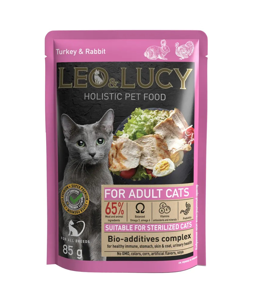 Влажный корм для кошек Leo&Lucy For Sterilized Adult Cats, с индейкой и кроликом, 85г