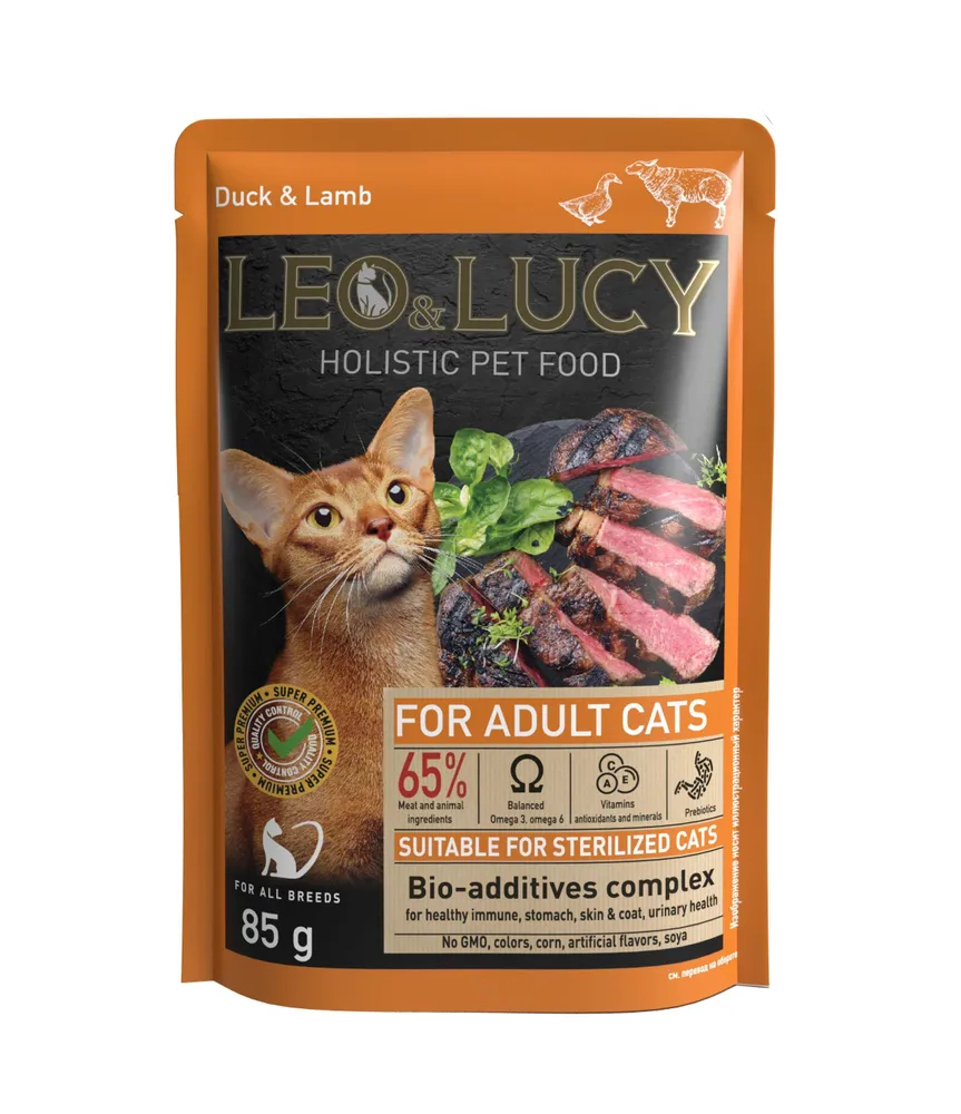 Влажный корм для кошек Leo&Lucy For Sterilized Adult Cats, с уткой и ягнёнком в соусе, 85г