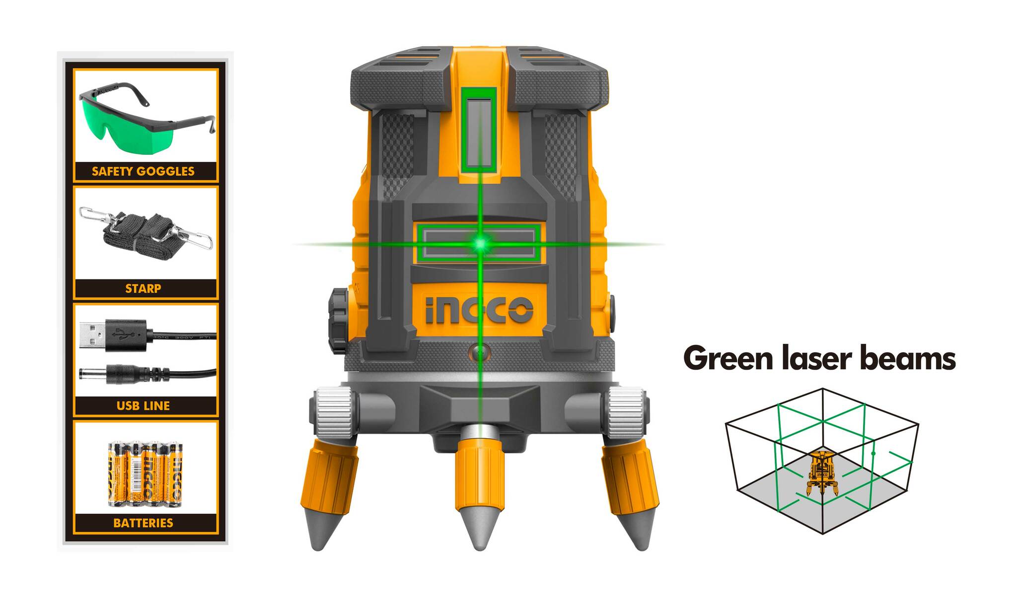 Лазерный нивелир INGCO HLL305205 30м 5 лучей рулетка ingco