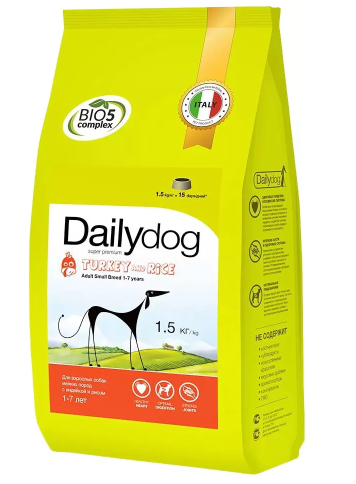 Сухой корм для собак Dailydog Adult Small Breed, для мелких пород, индейка и рис, 1,5кг