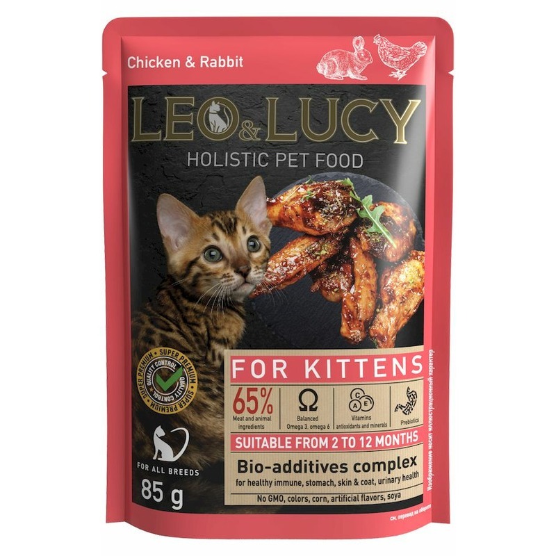 

Влажный корм для котят Leo&Lucy For Kittens, с курицей и кроликом в соусе, 85г