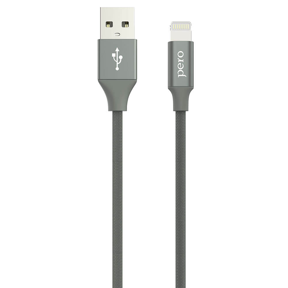 Кабель PERO DC-02 Lightning - USB 2 А, 1 м, тканевая оплетка, серый