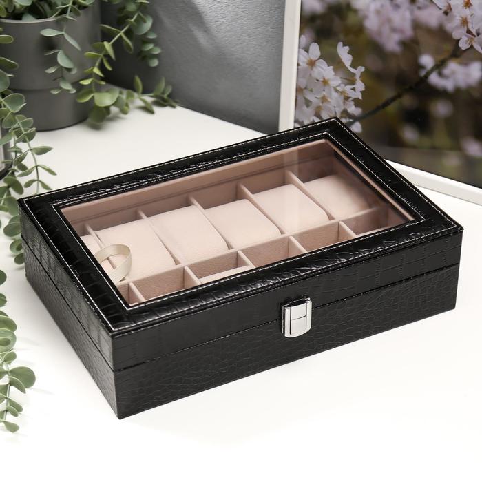 

Шкатулка кожзам под часы 12 отделений "Черный питон" 9х30х20 см