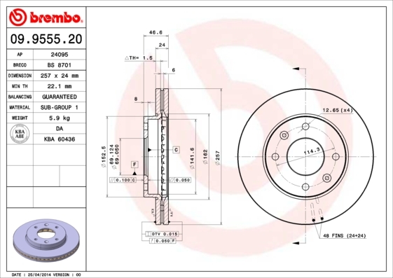 

Диск тормозной передний 257mm вентилируемый