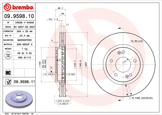 

Диск тормозной передний 294mm вентилируемый