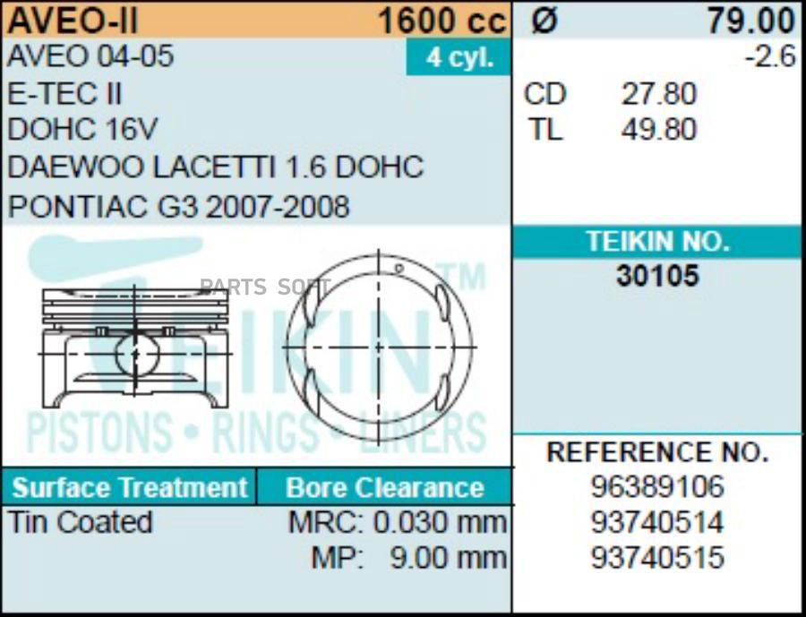 

мер 0.50 Chevrolet Aveo/Lacetti 1,6 Dohc 16v D79.0+0.50 (963 891 06) TEIKIN арт. 301050.50