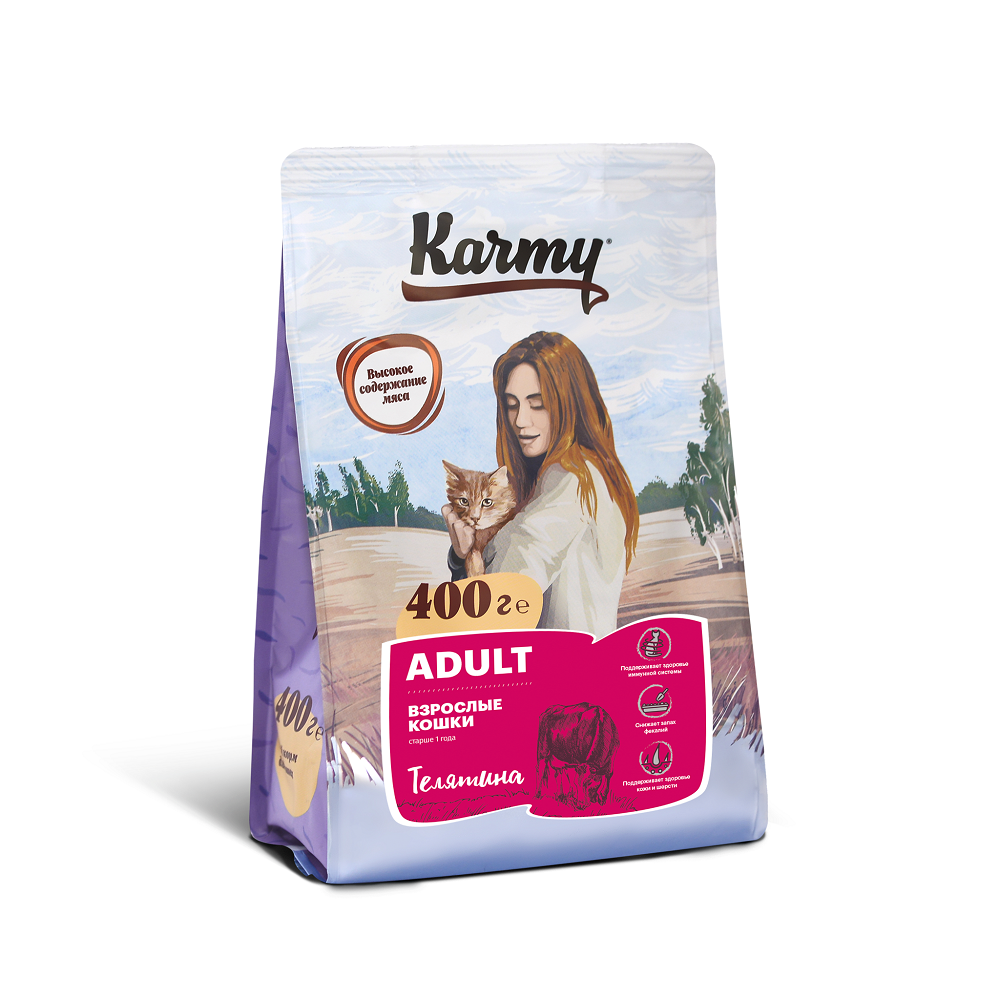 фото Сухой корм для кошек karmy adult, телятина, 0,4кг