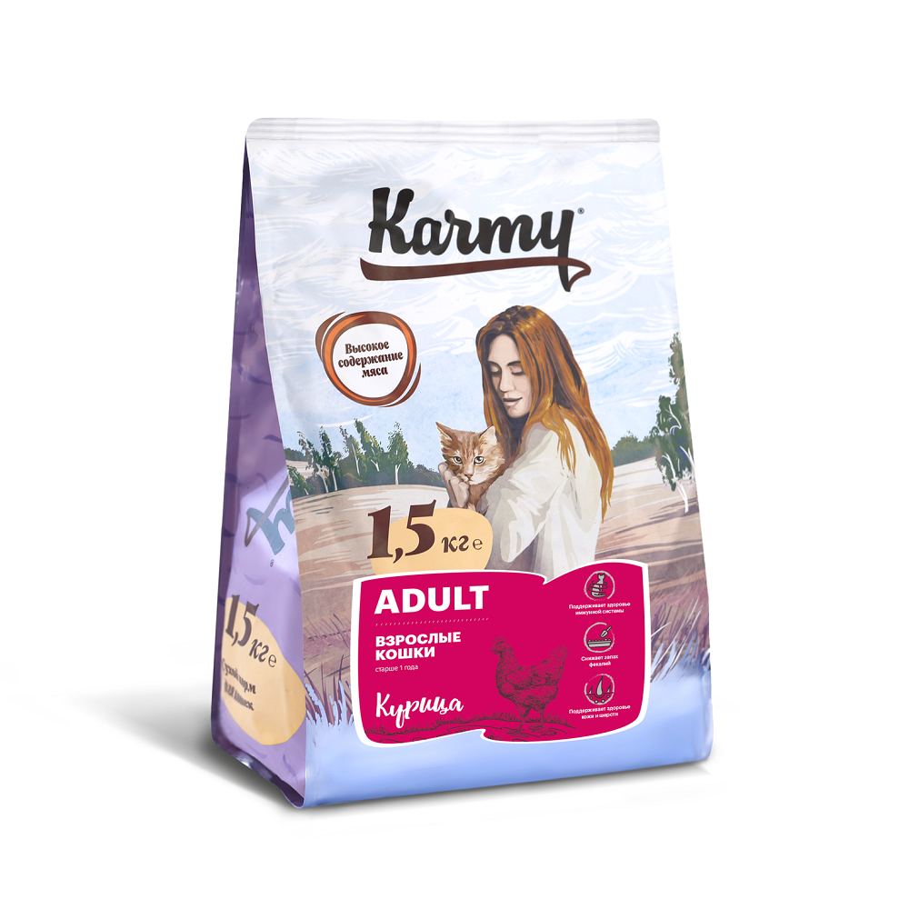 фото Сухой корм для кошек karmy adult, курица, 1,5кг