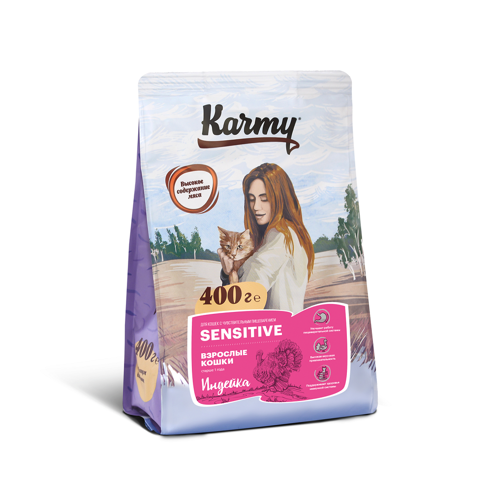 фото Сухой корм для кошек karmy sensitive, индейка, 0,4кг