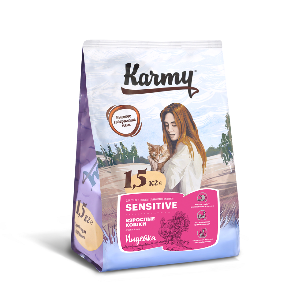 фото Сухой корм для кошек karmy sensitive, индейка, 1,5кг