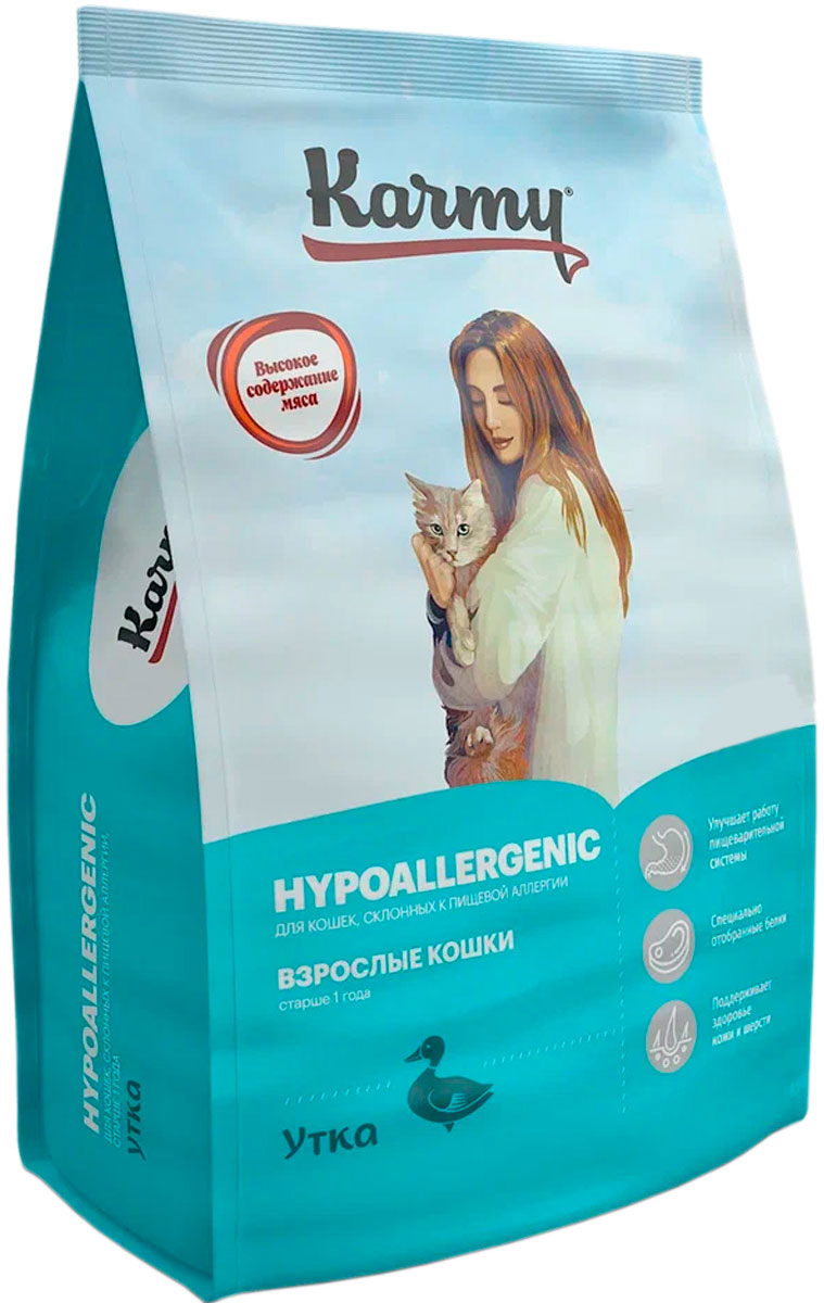 фото Сухой корм для кошек karmy hypoallergenic, гипоаллергенный, утка, 10кг