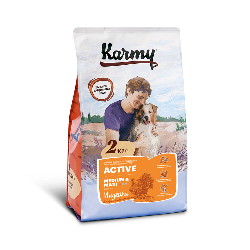 фото Сухой корм для собак karmy active medium & maxi, для активных, индейка, 2кг