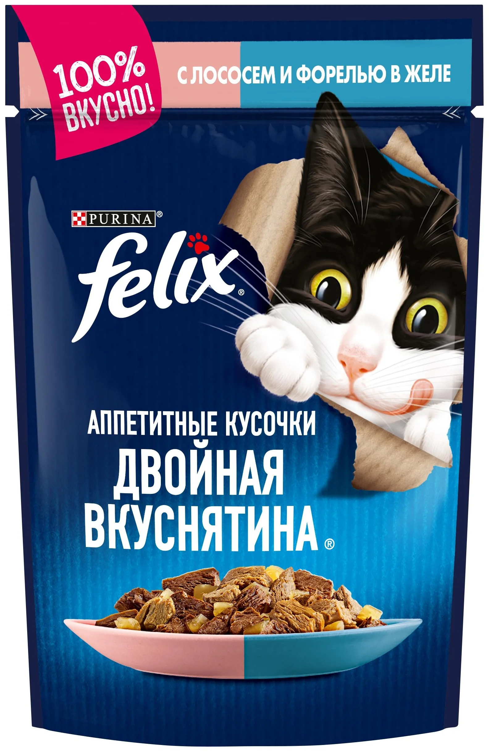 фото Влажный корм для кошек felix аппетитные кусочки с лососем и форелью, 75 г