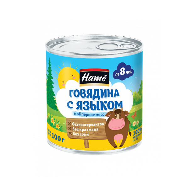 

Пюре Hame мясное говядина с языком с 8 месяцев 100 г, 1 шт., говядина с языком