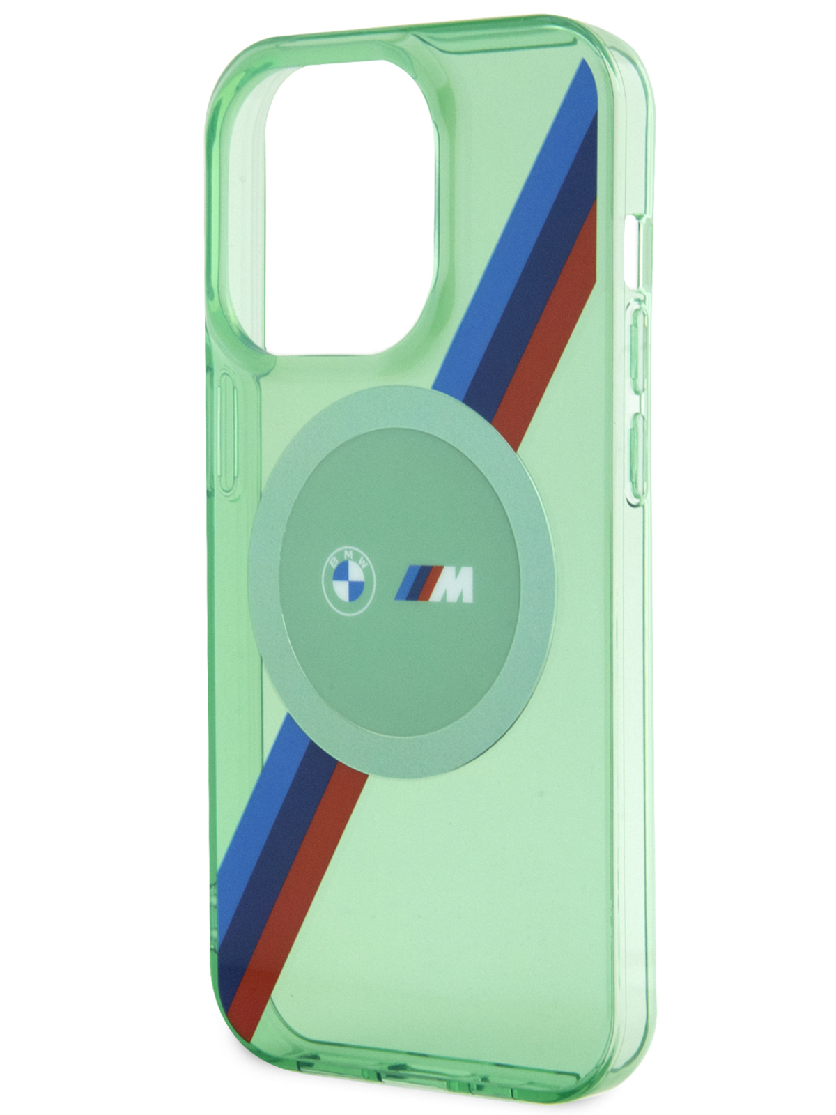 Чехол BMW для iPhone 15 Pro с MagSafe и принтом Tricolor stripes, зеленый