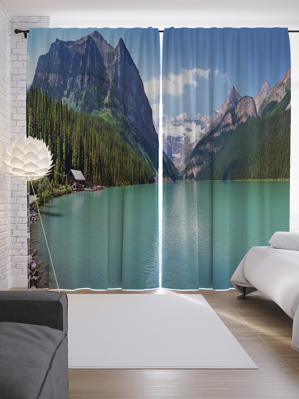 фото Шторы с фотопечатью "отшельник у реки" из сатена, 290х265 см joyarty