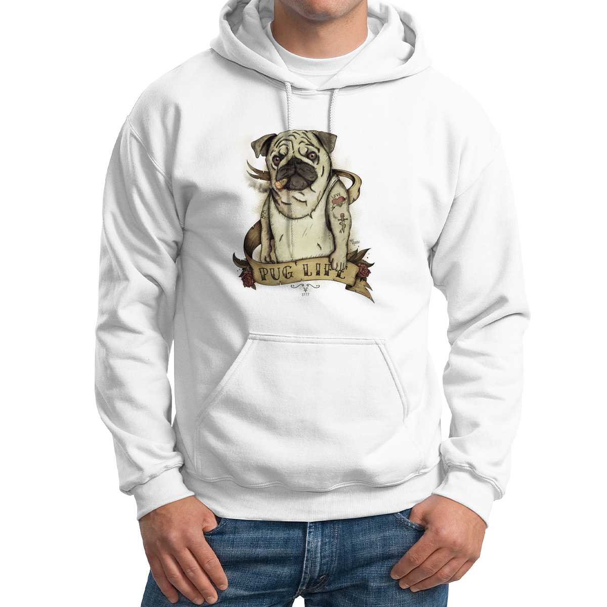 Худи унисекс CoolPodarok Мопс Pug life белое 64 RU