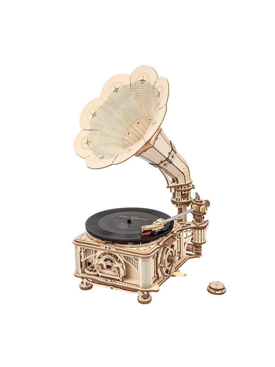 фото Деревянный конструктор robotime classical gramophone граммофон, 424 детали