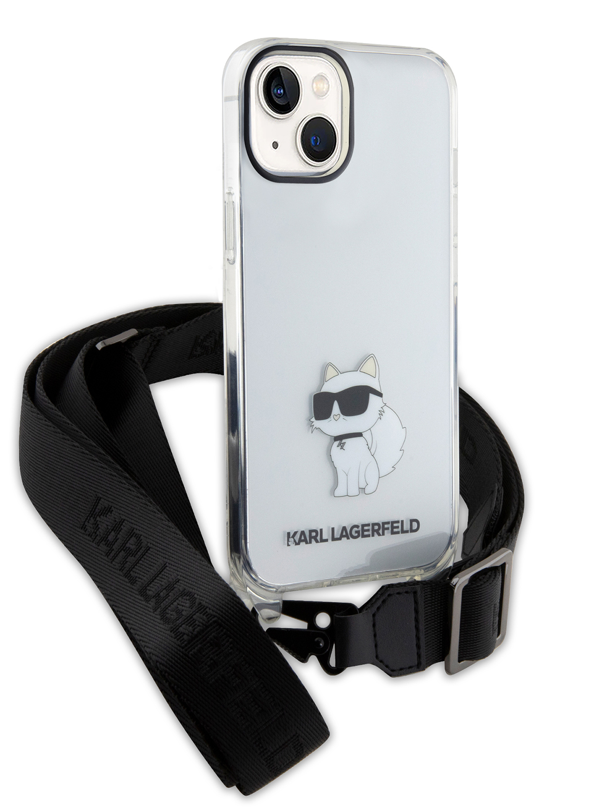 Чехол Karl Lagerfeld для iPhone 15 с ремешком и принтом NFT Choupette, прозрачный