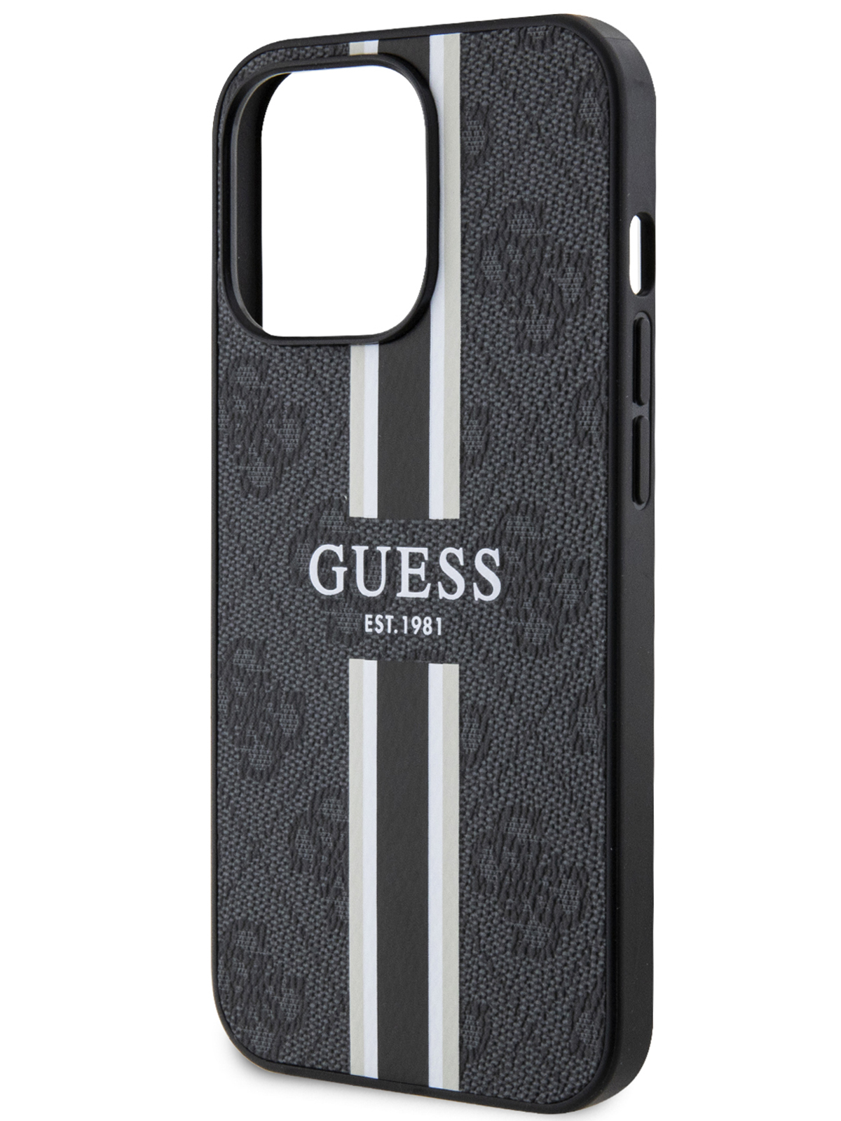 Чехол Guess для iPhone 13 Pro Max со вставкой из экокожи и принтом 4G Stripes, черный