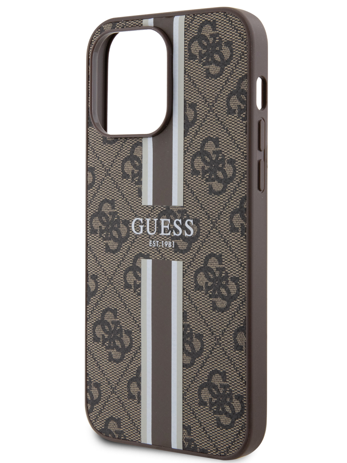 Чехол Guess для iPhone 13 Pro Max со вставкой из экокожи и принтом 4G Stripes, коричневый