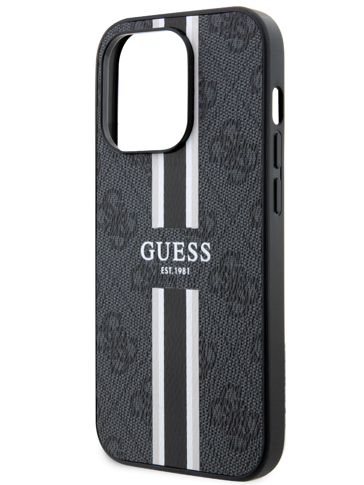 

Чехол Guess для iPhone 14 Pro со вставкой из экокожи 4G Stripes, черный