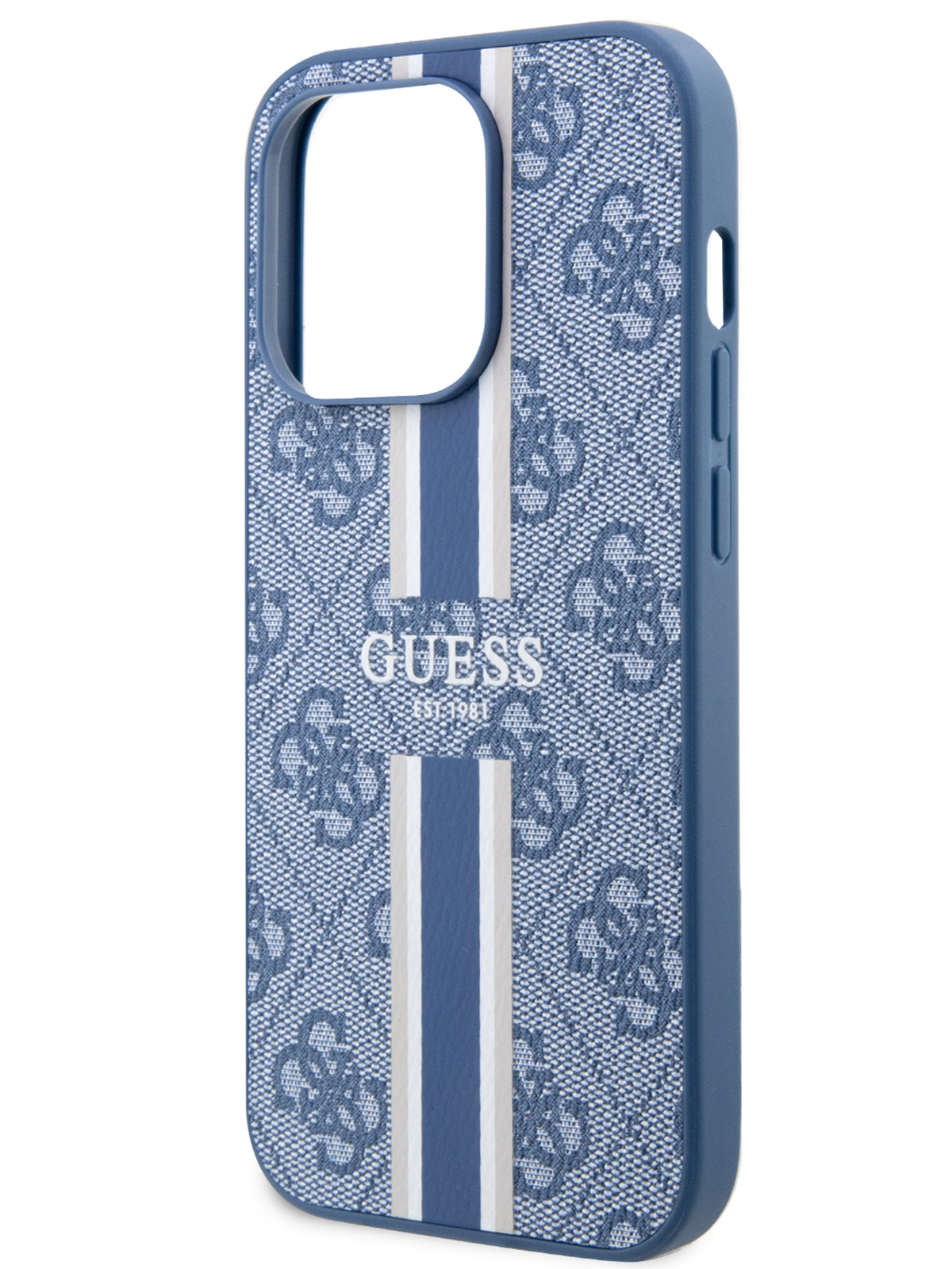 

Чехол Guess для iPhone 14 Pro Max со вставкой из экокожи 4G Stripes, синий